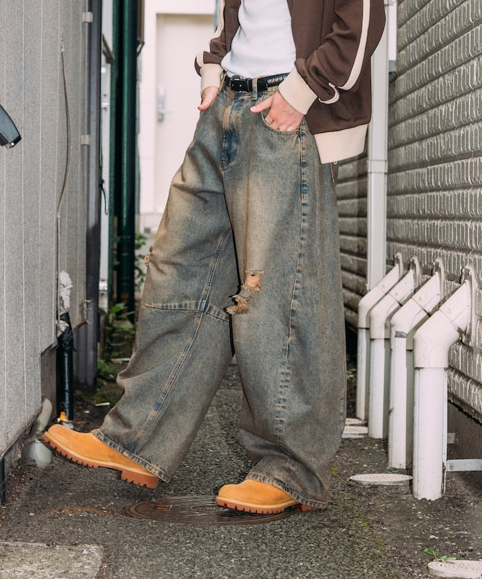 FREAK'S STORE / 寬鬆仿舊弧形牛仔褲