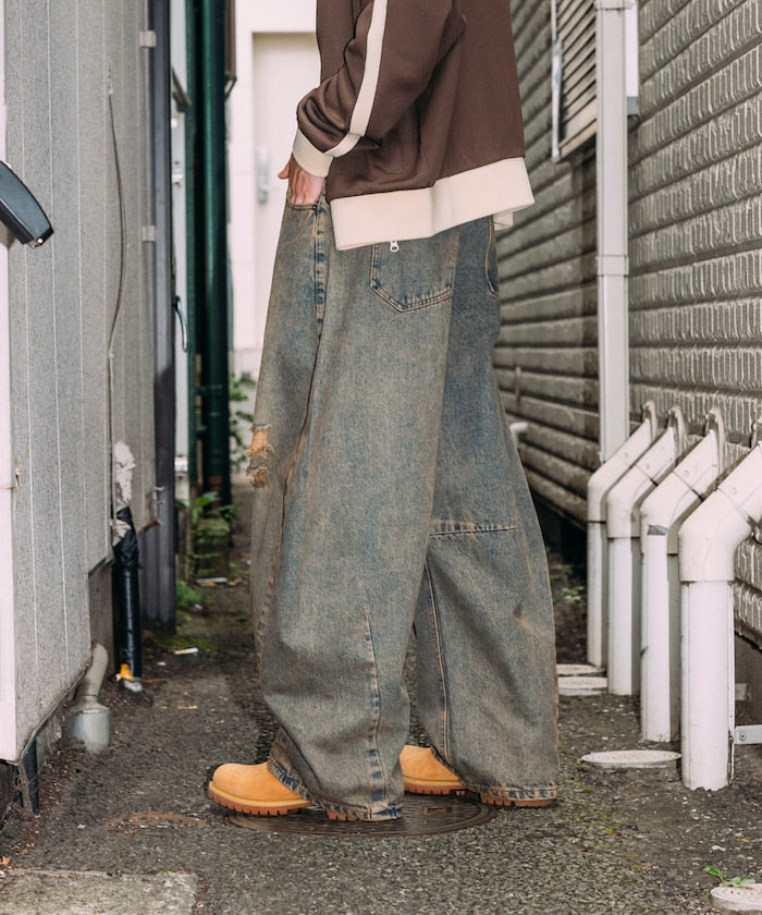 FREAK'S STORE / 寬鬆仿舊弧形牛仔褲
