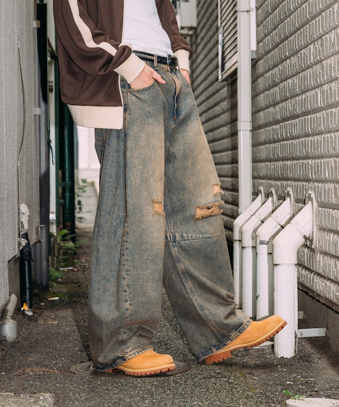 FREAK'S STORE / 寬鬆仿舊弧形牛仔褲