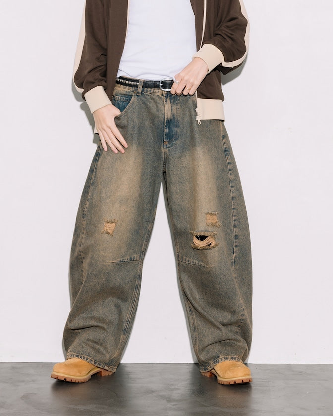FREAK'S STORE / 寬鬆仿舊弧形牛仔褲