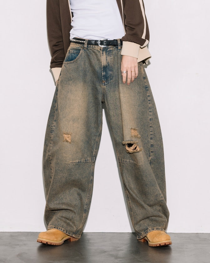 FREAK'S STORE / 寬鬆仿舊弧形牛仔褲