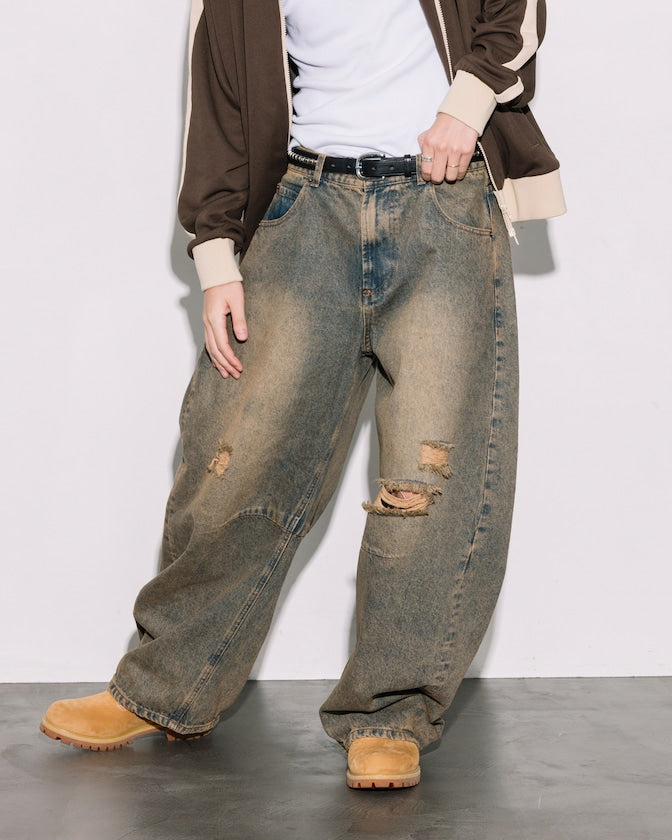 FREAK'S STORE / 寬鬆仿舊弧形牛仔褲