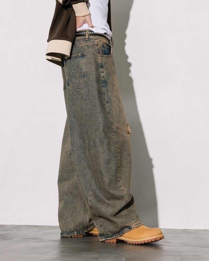 FREAK'S STORE / 寬鬆仿舊弧形牛仔褲