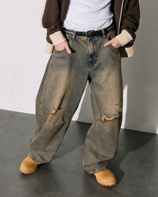 FREAK'S STORE / 寬鬆仿舊弧形牛仔褲