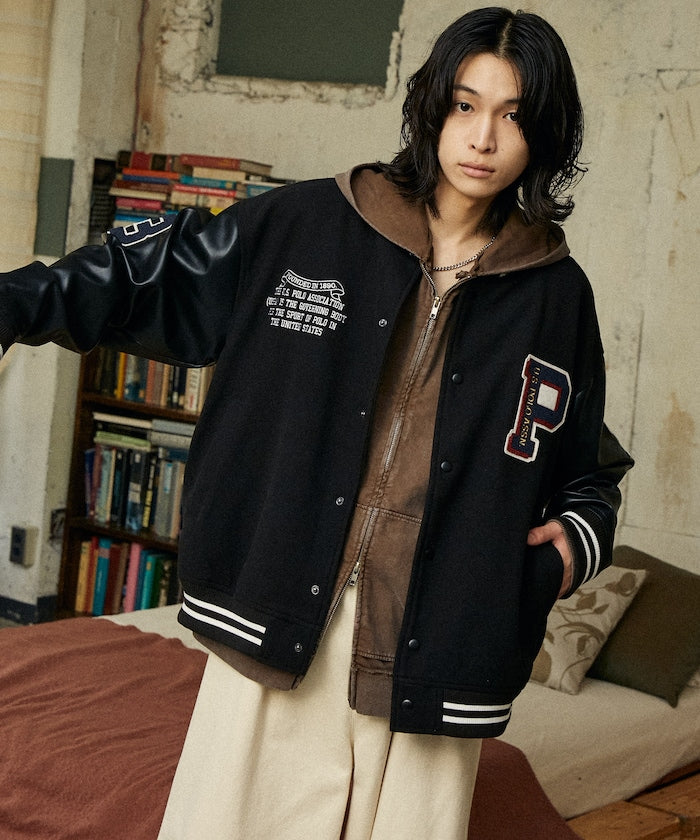 U.S. POLO ASSN. / 合成皮革拼接經典棒球外套