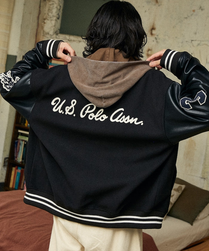 U.S. POLO ASSN. / 合成皮革拼接經典棒球外套