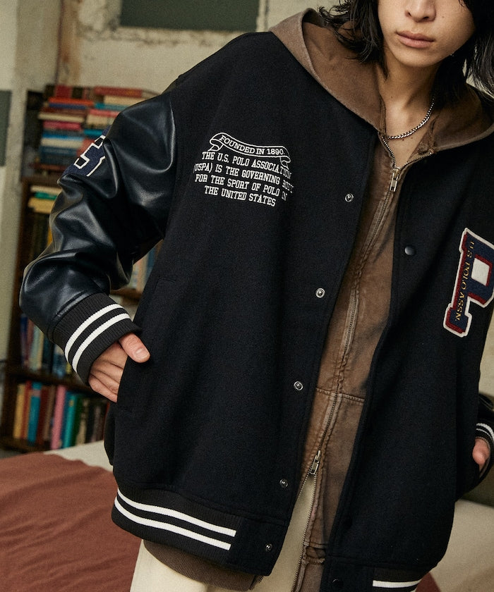 U.S. POLO ASSN. / 合成皮革拼接經典棒球外套