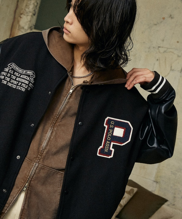 U.S. POLO ASSN. / 合成皮革拼接經典棒球外套