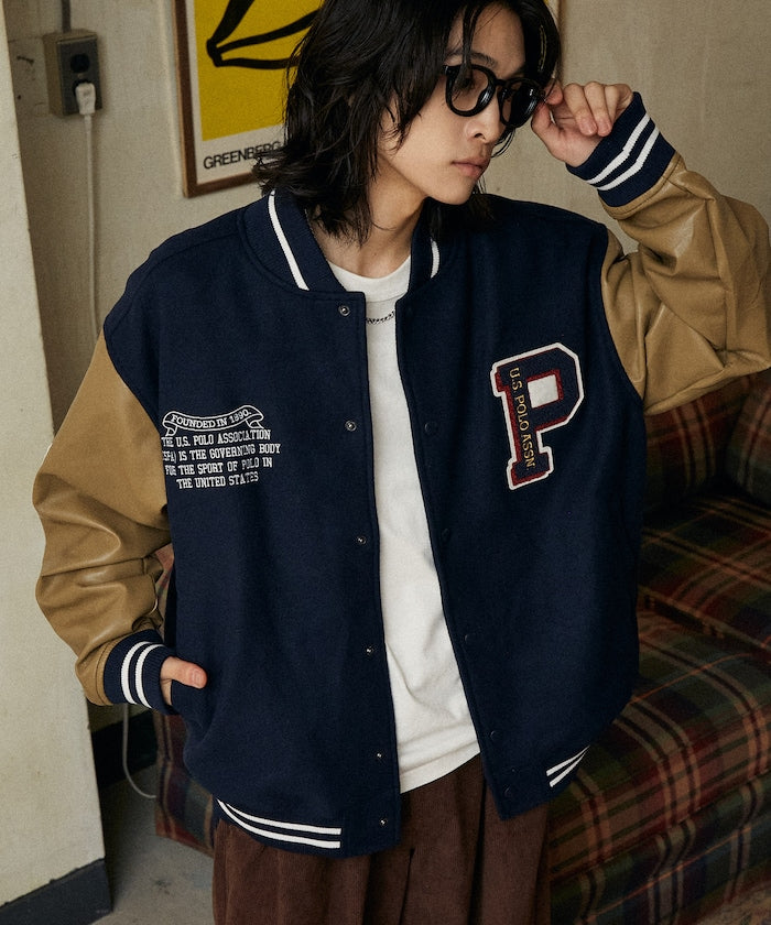 U.S. POLO ASSN. / 合成皮革拼接經典棒球外套