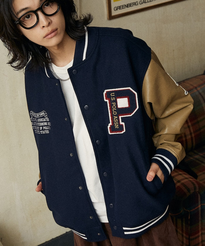 U.S. POLO ASSN. / 合成皮革拼接經典棒球外套