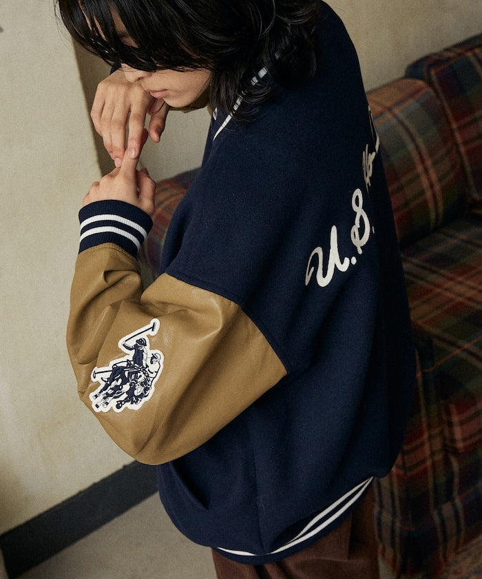 U.S. POLO ASSN. / 合成皮革拼接經典棒球外套