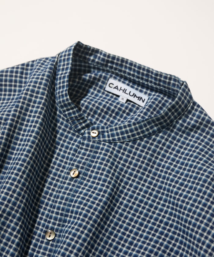 CAHLUMN Indigo Madras Check Pullover Stand Collar Shirt / 靛藍染格紋立領套頭襯衫