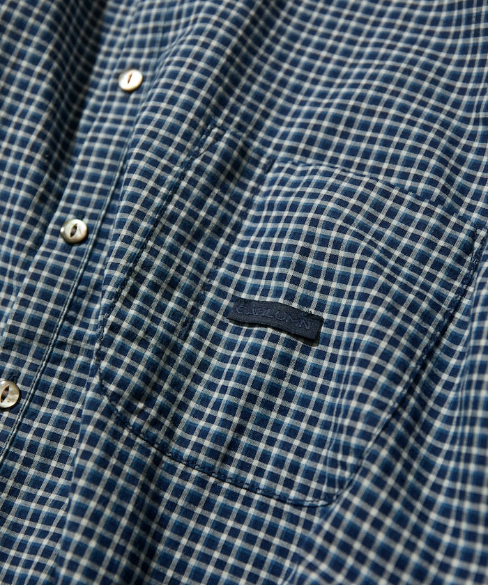 CAHLUMN Indigo Madras Check Pullover Stand Collar Shirt / 靛藍染格紋立領套頭襯衫