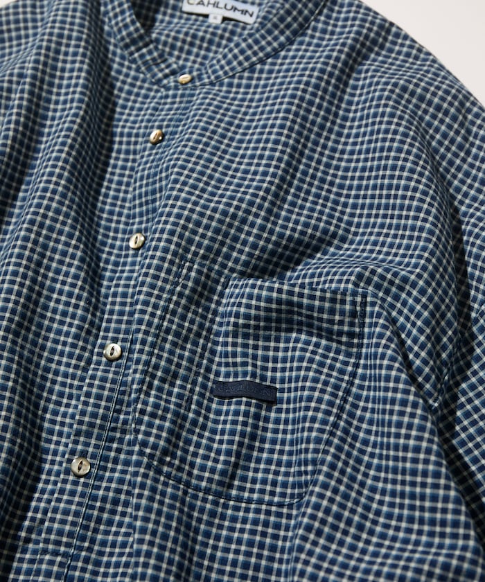 CAHLUMN Indigo Madras Check Pullover Stand Collar Shirt / 靛藍染格紋立領套頭襯衫
