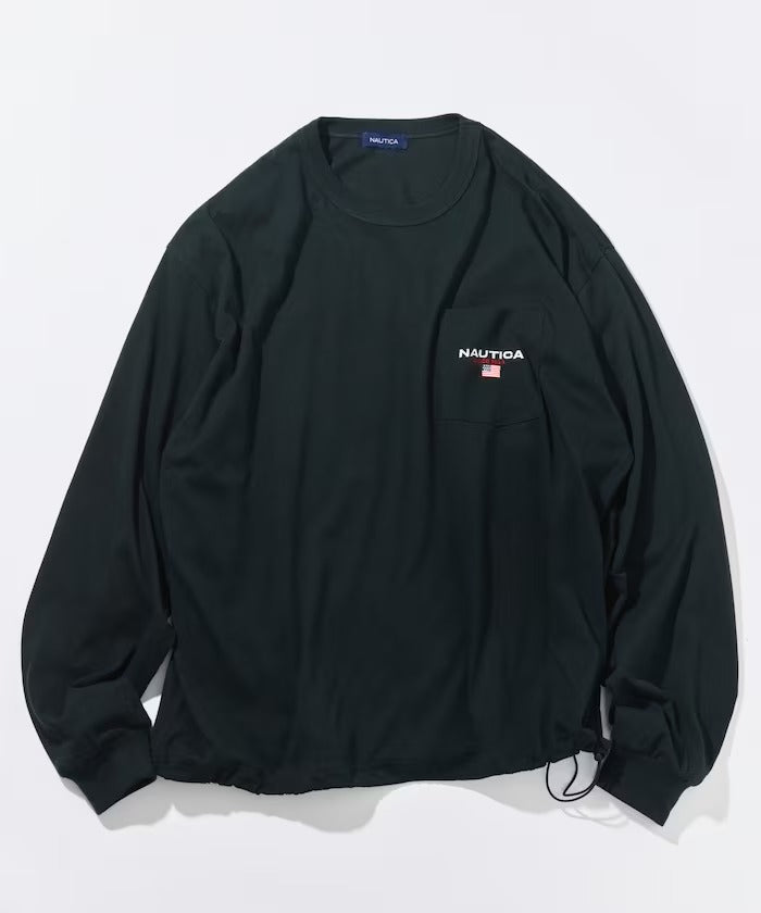 NAUTICA / 旗幟刺繡抽繩下擺長袖口袋T恤