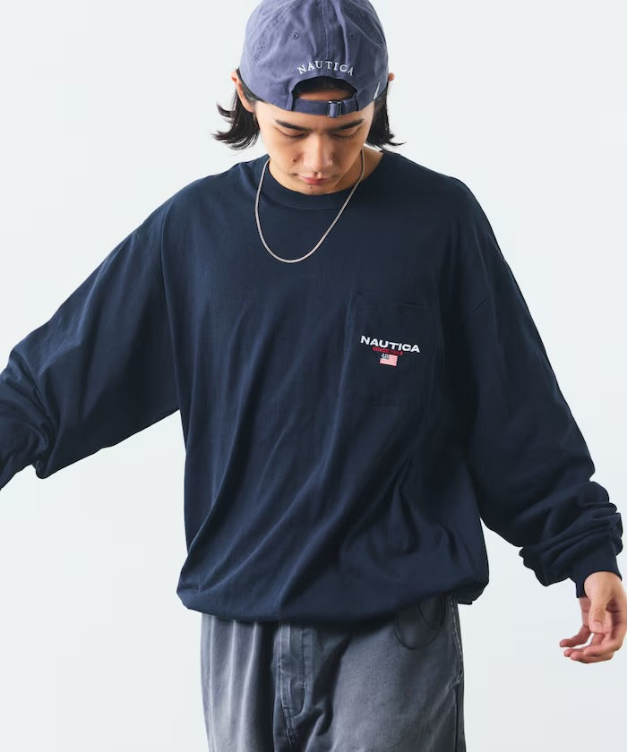 NAUTICA / 旗幟刺繡抽繩下擺長袖口袋T恤