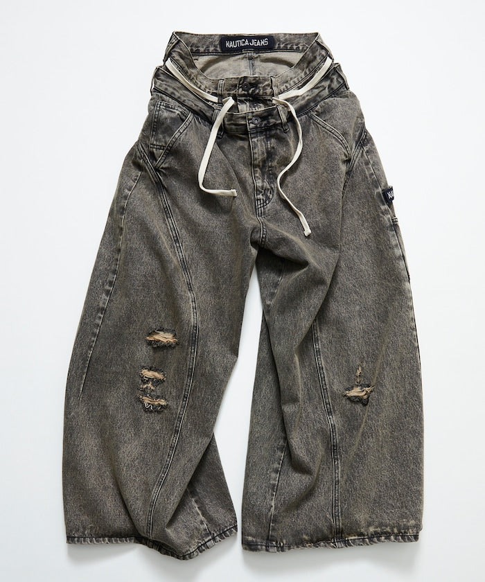 NAUTICA Double Waist Distressed Baggy Curve Denim / 牛仔褲