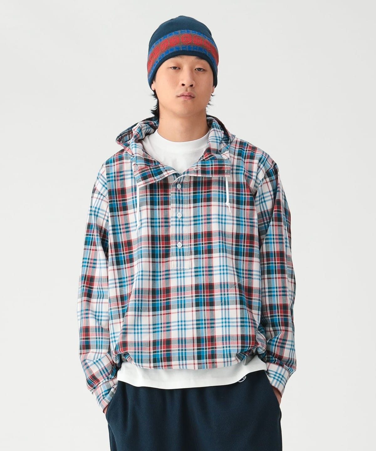 BEAMS / 反光格紋連帽襯衫