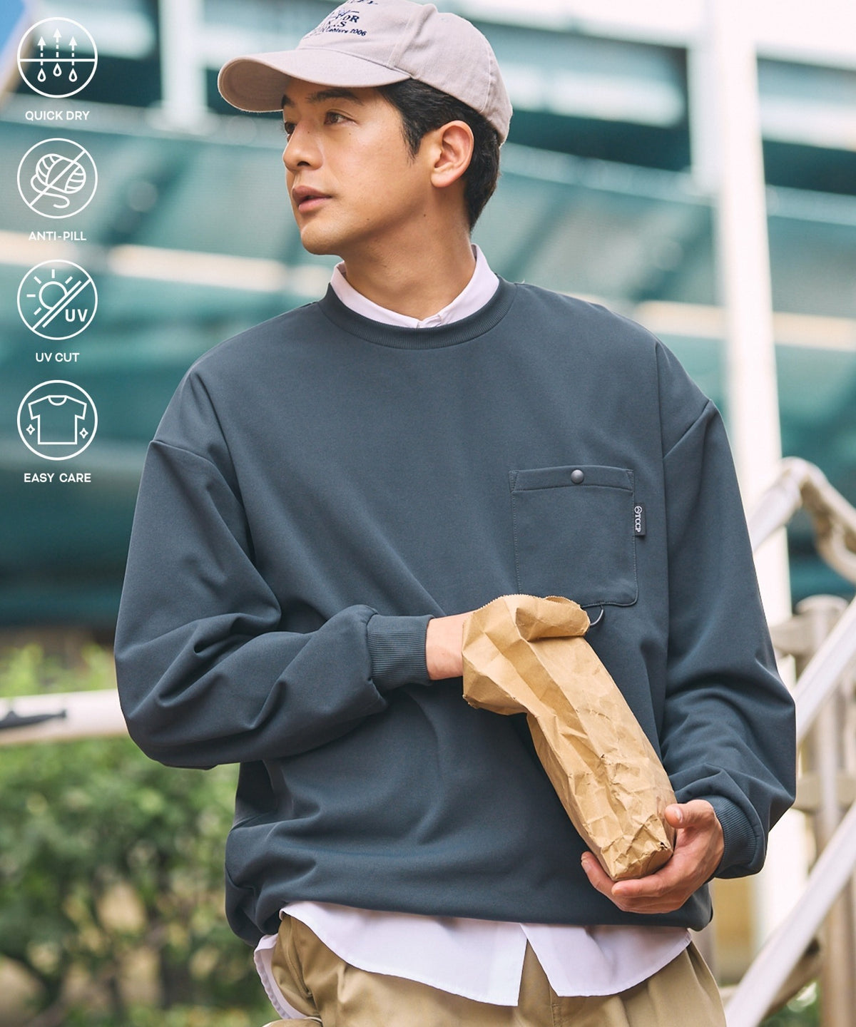 THE CRAFT CREW PRODUCTS / 四向彈性機能 圓領口袋長T恤（抽繩下擺）