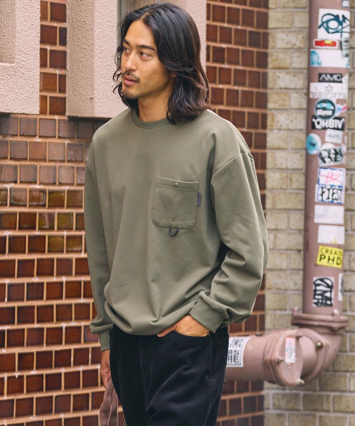 THE CRAFT CREW PRODUCTS / 四向彈性機能 圓領口袋長T恤（抽繩下擺）
