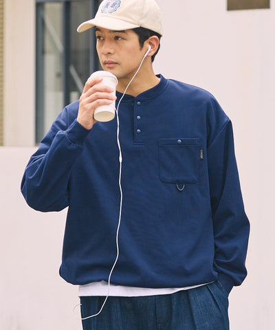 THE CRAFT CREW PRODUCTS / 四向彈性機能 亨利領 口袋長T恤（抽繩下擺）