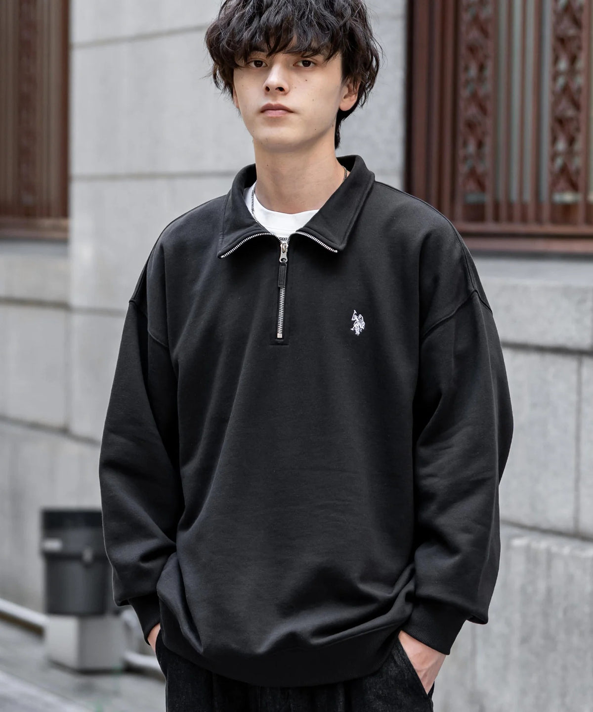 U.S. POLO ASSN. / 寬鬆 刷毛刺繡 半拉鍊開襟衫（日本聯名限定）