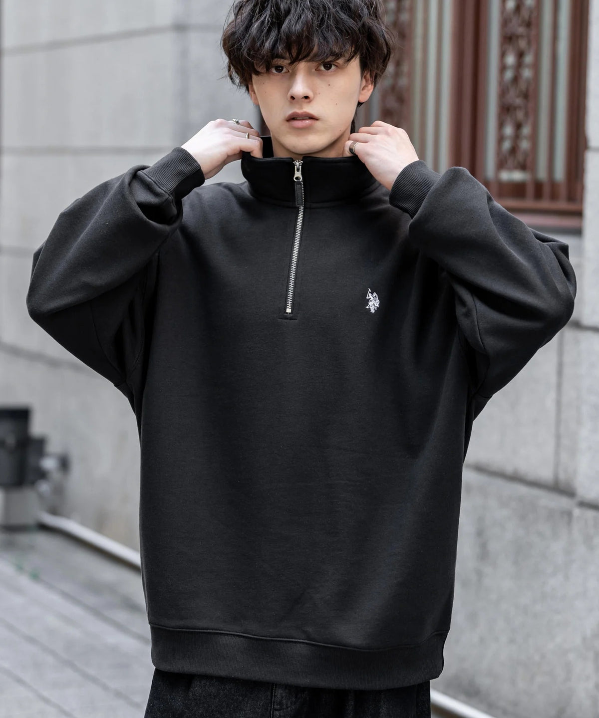 U.S. POLO ASSN. / 寬鬆 刷毛刺繡 半拉鍊開襟衫（日本聯名限定）