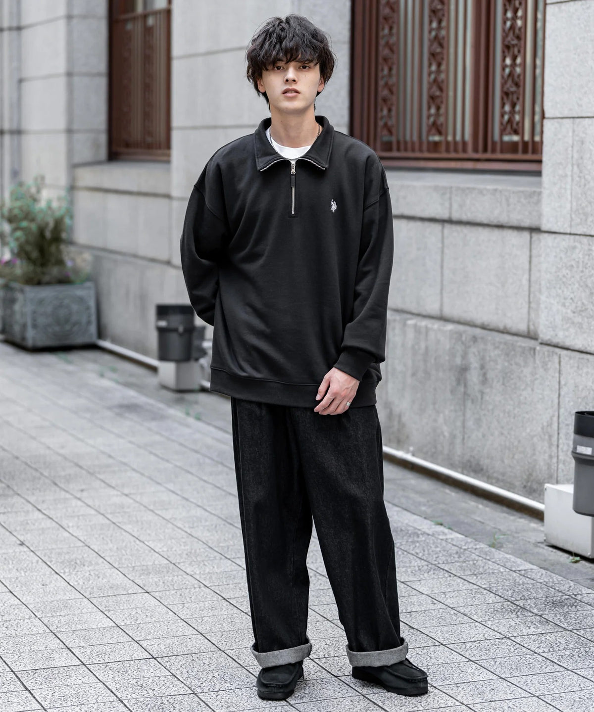U.S. POLO ASSN. / 寬鬆 刷毛刺繡 半拉鍊開襟衫（日本聯名限定）