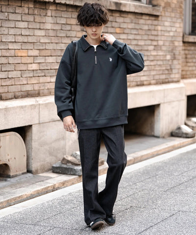 U.S. POLO ASSN. / 寬鬆 刷毛刺繡 半拉鍊開襟衫（日本聯名限定）