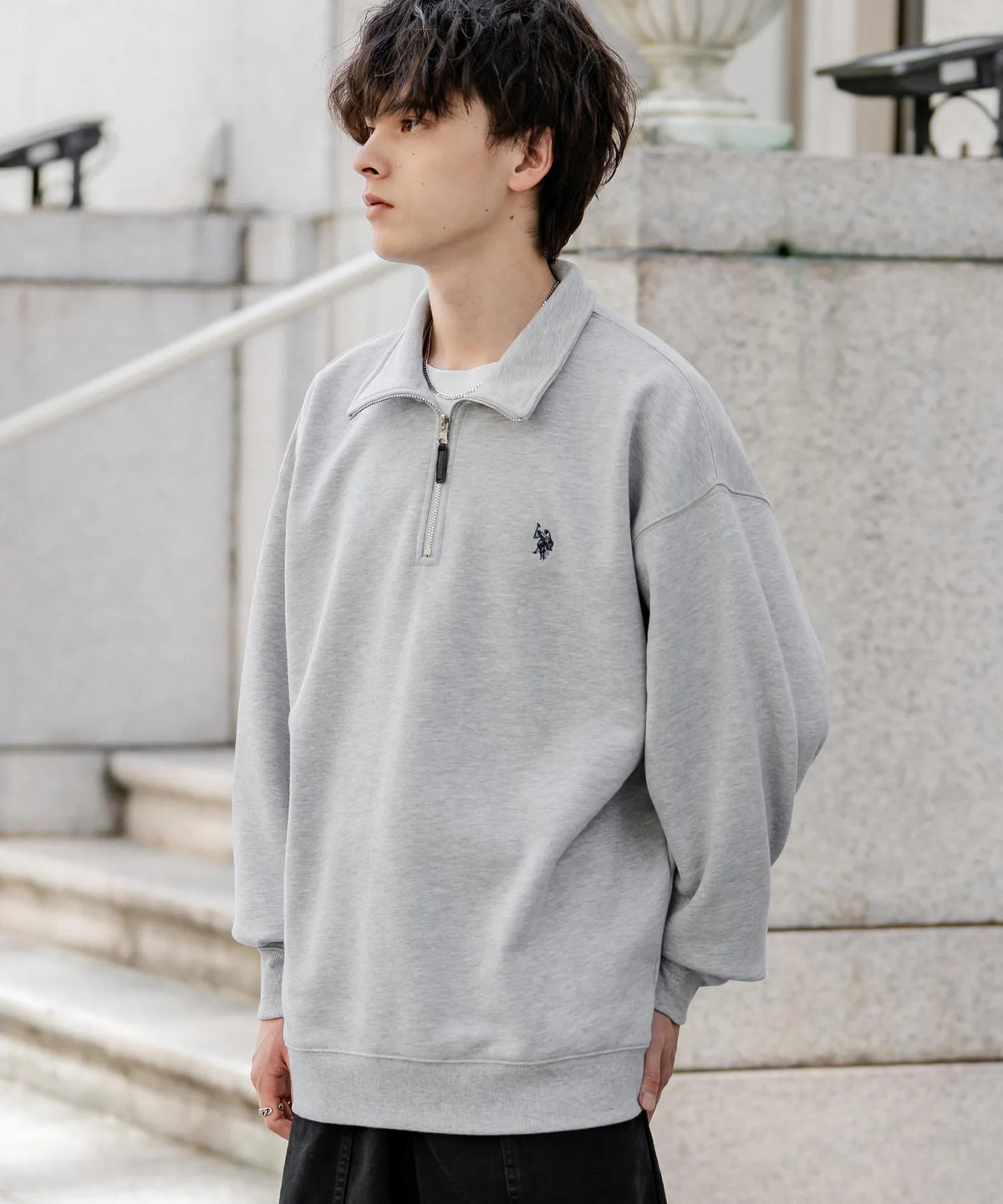 U.S. POLO ASSN. / 寬鬆 刷毛刺繡 半拉鍊開襟衫（日本聯名限定）