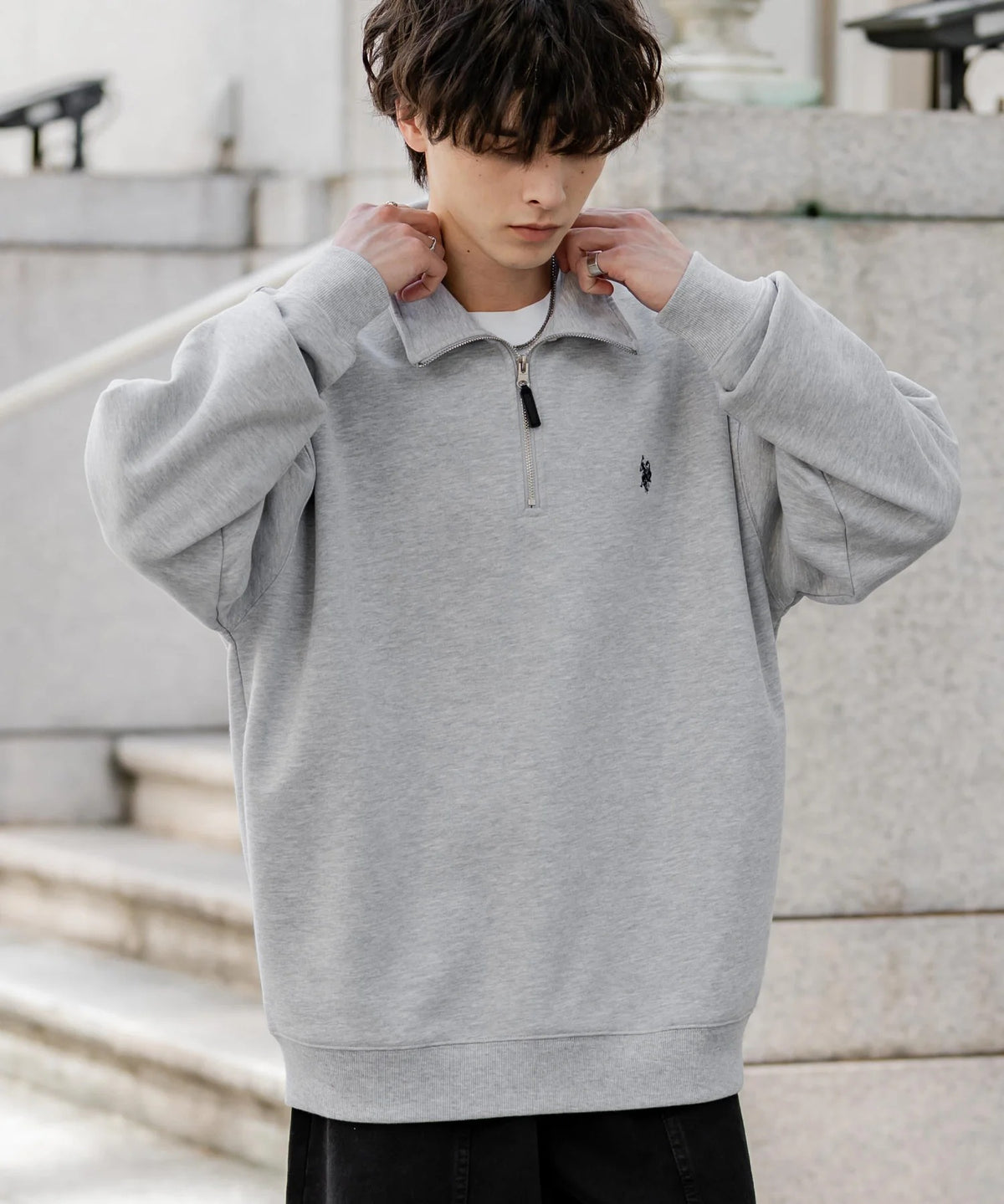 U.S. POLO ASSN. / 寬鬆 刷毛刺繡 半拉鍊開襟衫（日本聯名限定）