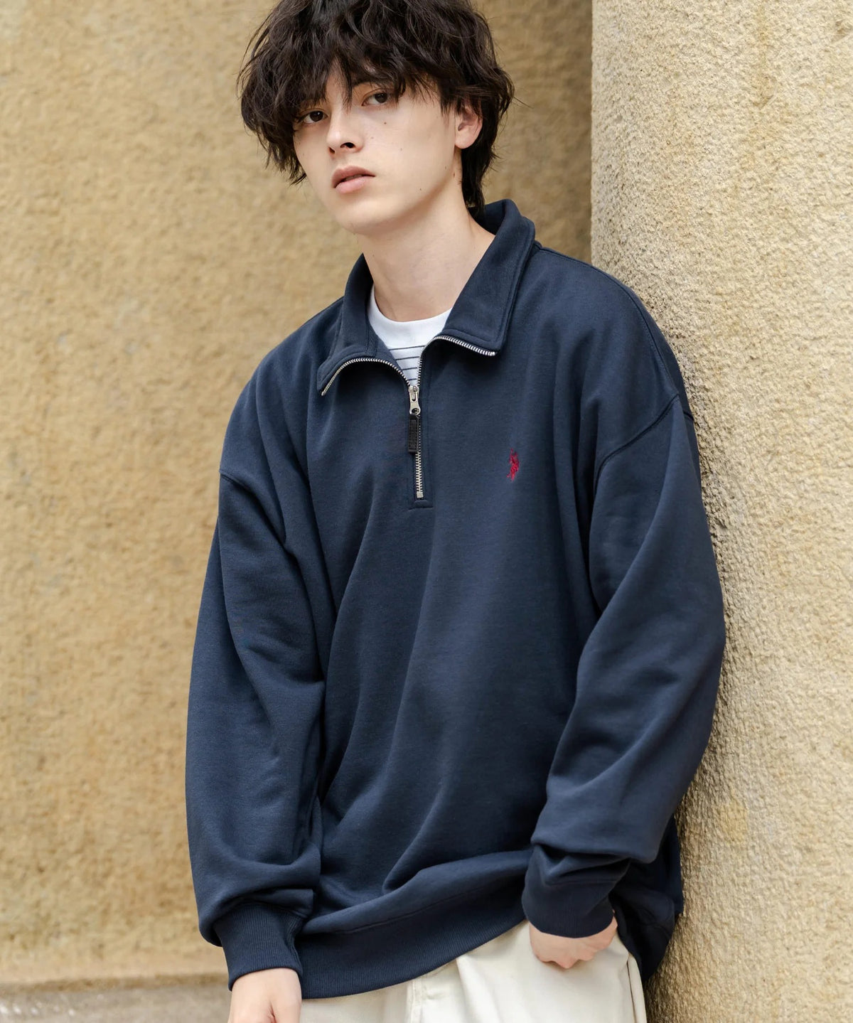 U.S. POLO ASSN. / 寬鬆 刷毛刺繡 半拉鍊開襟衫（日本聯名限定）