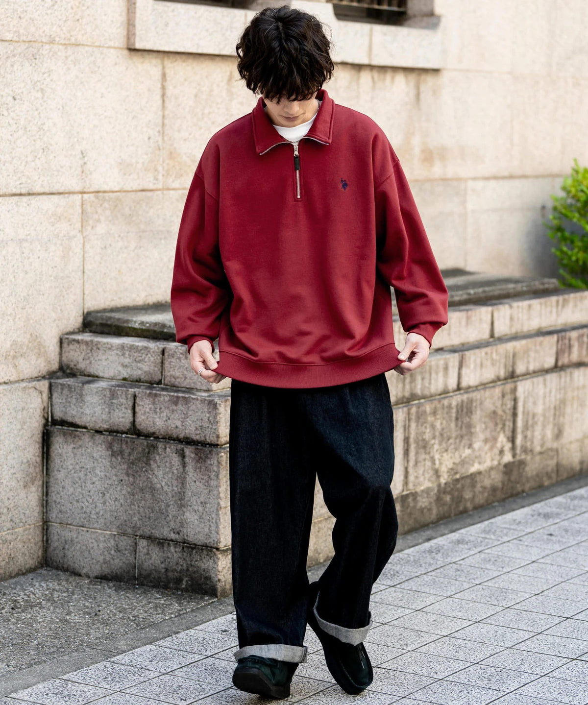 U.S. POLO ASSN. / 寬鬆 刷毛刺繡 半拉鍊開襟衫（日本聯名限定）