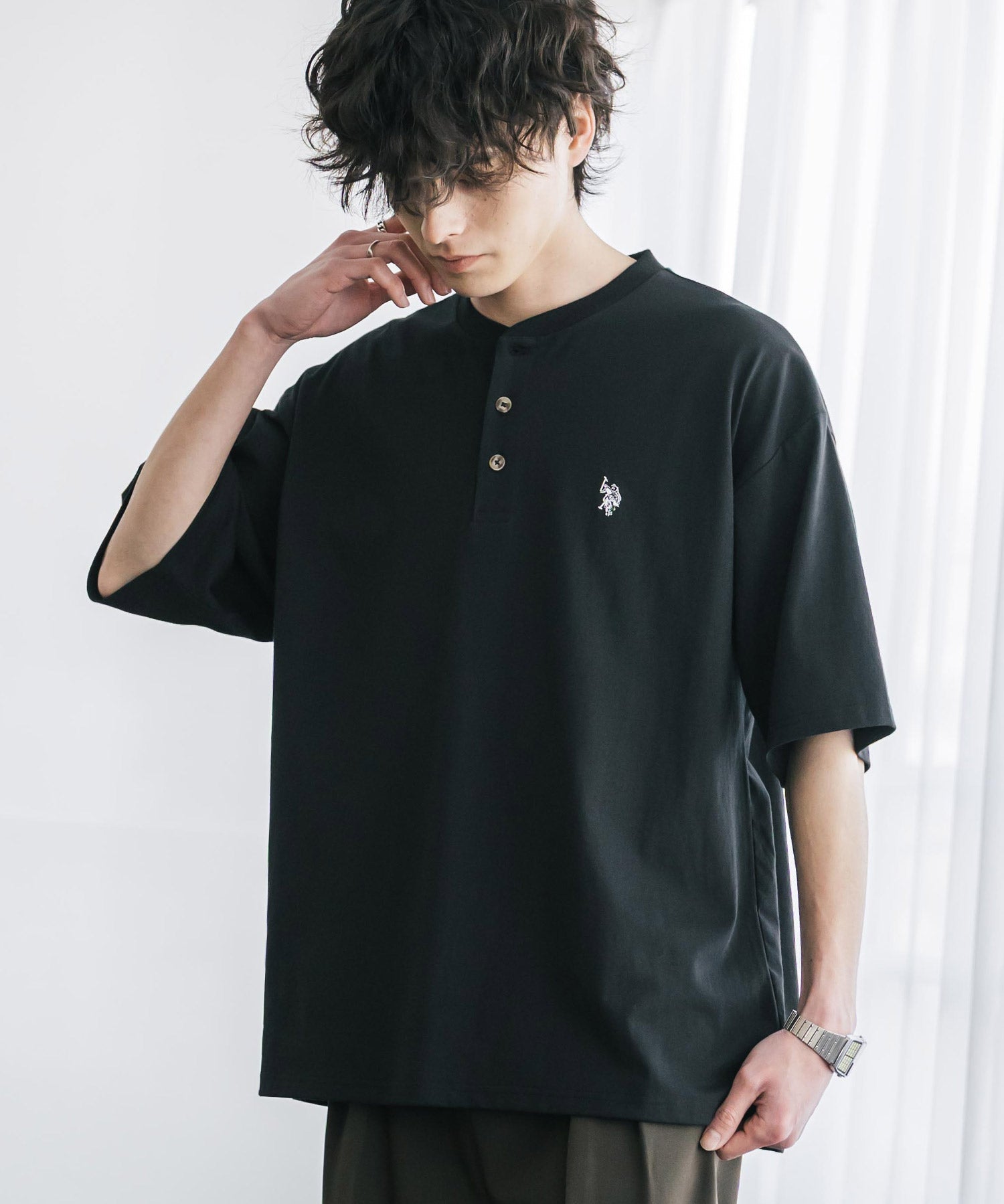 U.S. POLO ASSN. / 刺繡亨利領短袖T恤