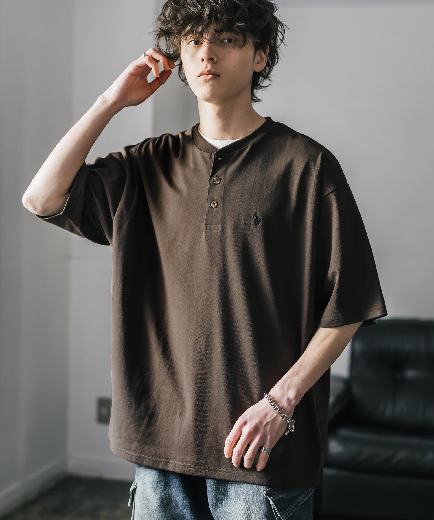 U.S. POLO ASSN. / 刺繡亨利領短袖T恤
