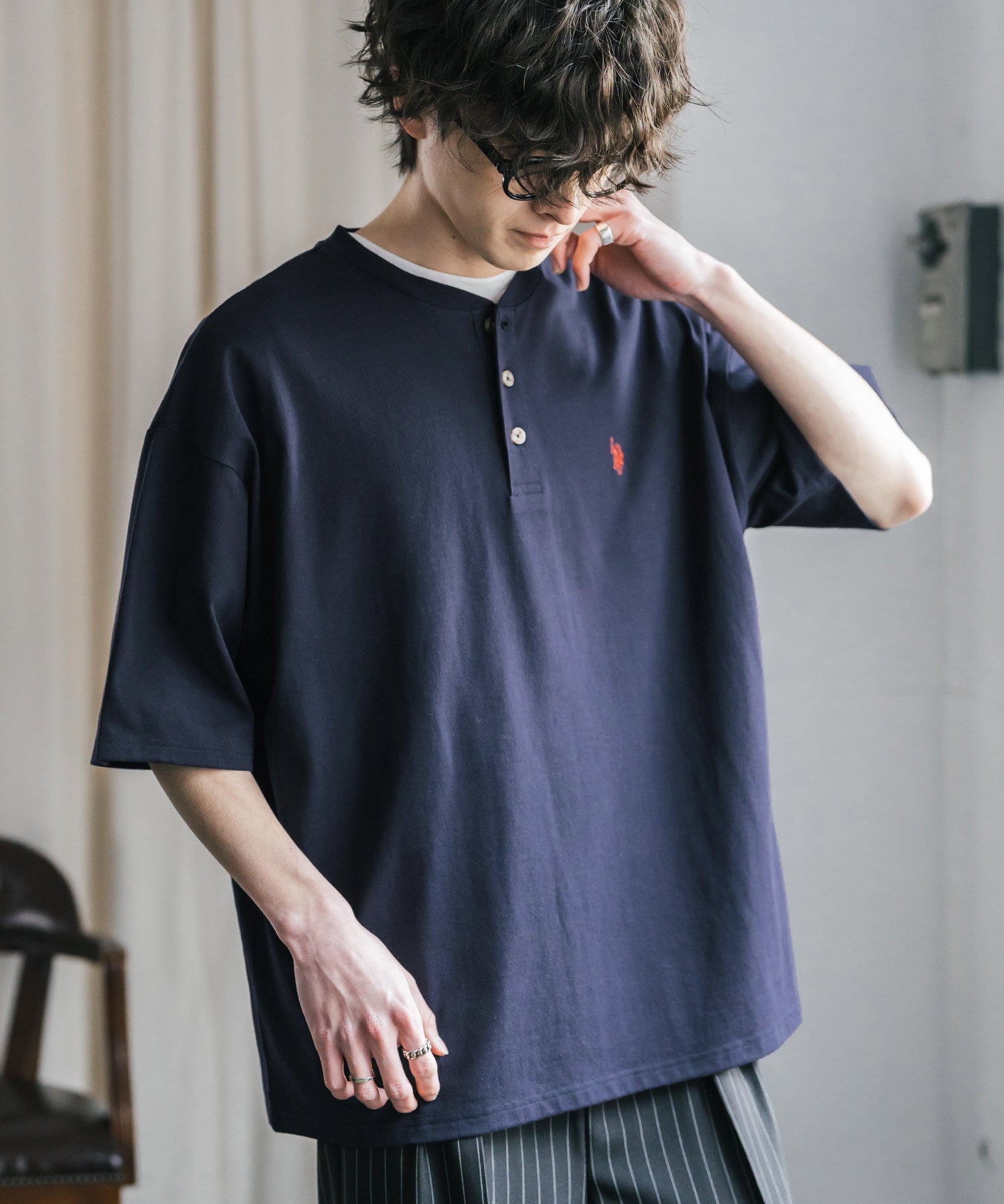 U.S. POLO ASSN. / 刺繡亨利領短袖T恤