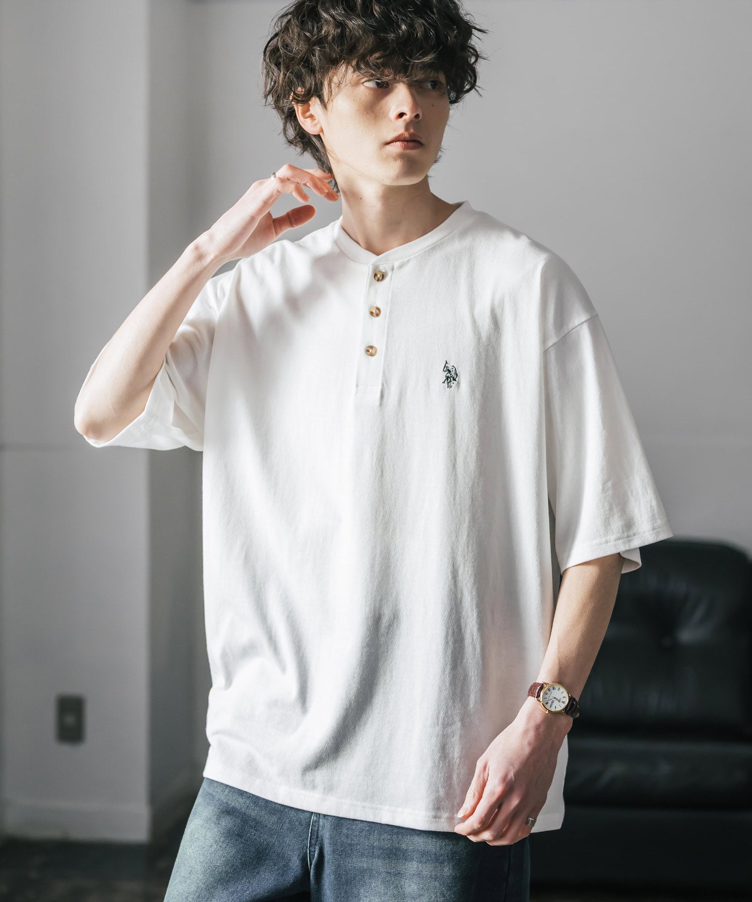 U.S. POLO ASSN. / 刺繡亨利領短袖T恤