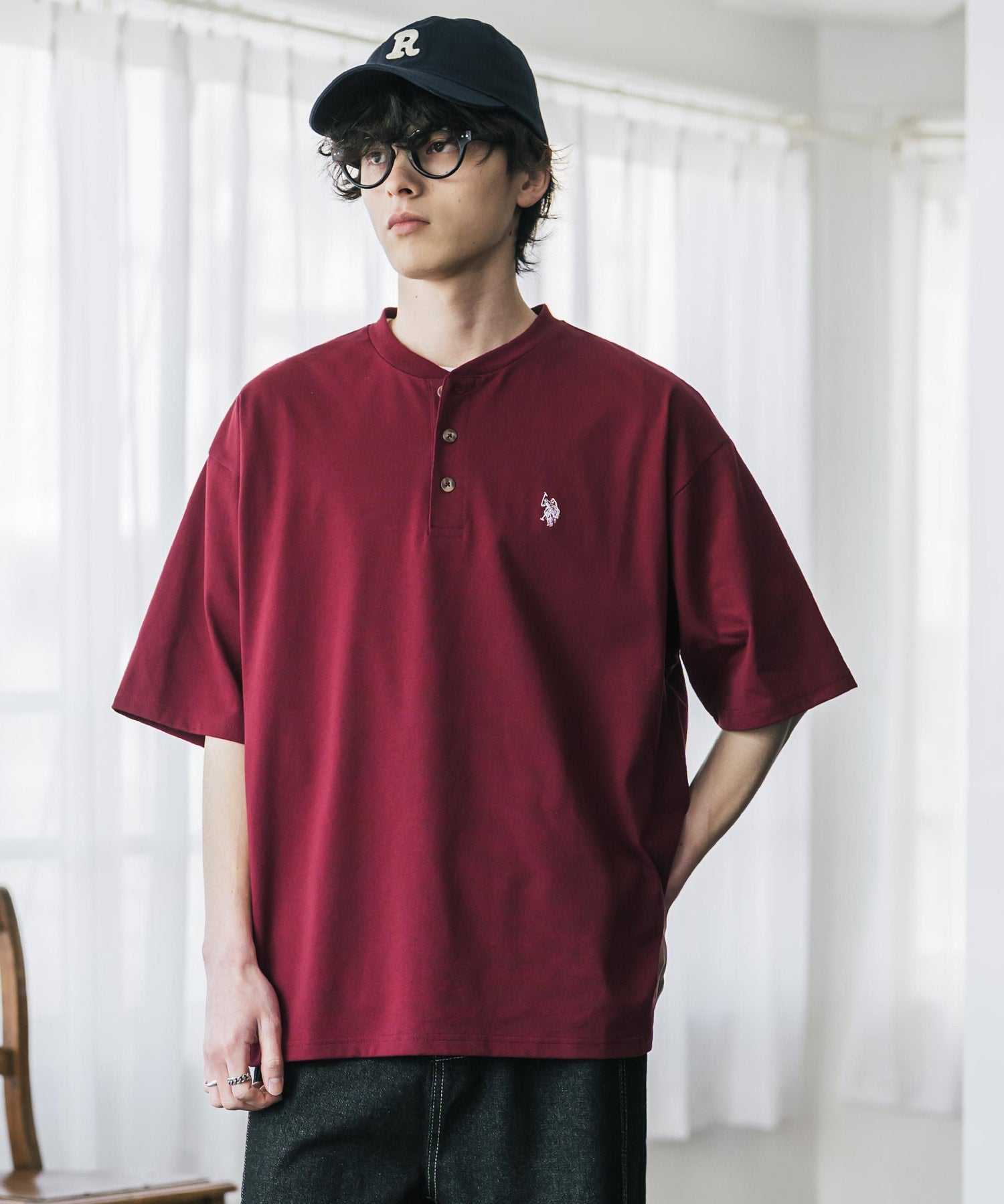 U.S. POLO ASSN. / 刺繡亨利領短袖T恤