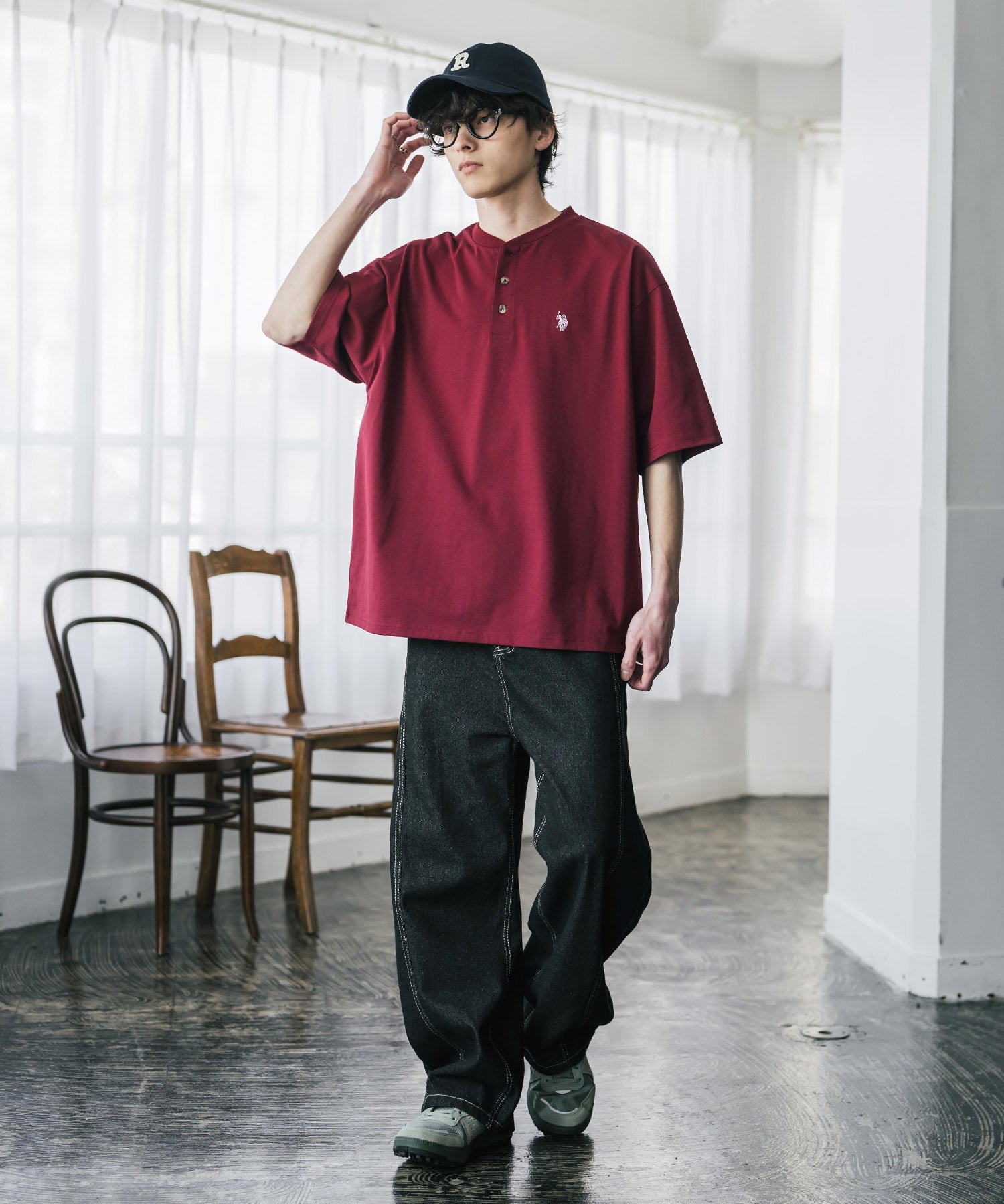 U.S. POLO ASSN. / 刺繡亨利領短袖T恤