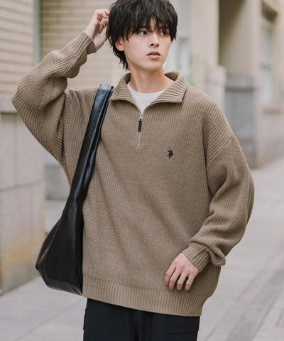 U.S. POLO ASSN.  / 寬鬆畦編刺繡 半拉鍊針織衫（日本聯名限定）
