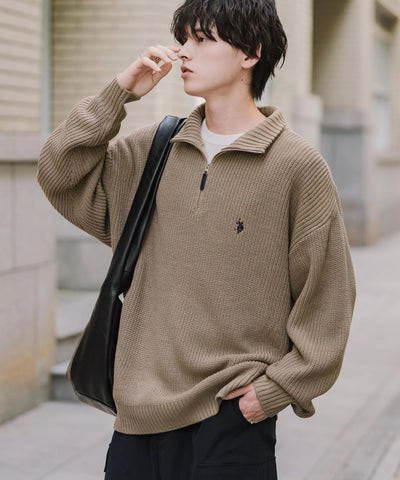 U.S. POLO ASSN.  / 寬鬆畦編刺繡 半拉鍊針織衫（日本聯名限定）