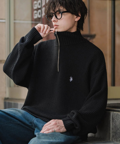 U.S. POLO ASSN.  / 寬鬆畦編刺繡 半拉鍊針織衫（日本聯名限定）