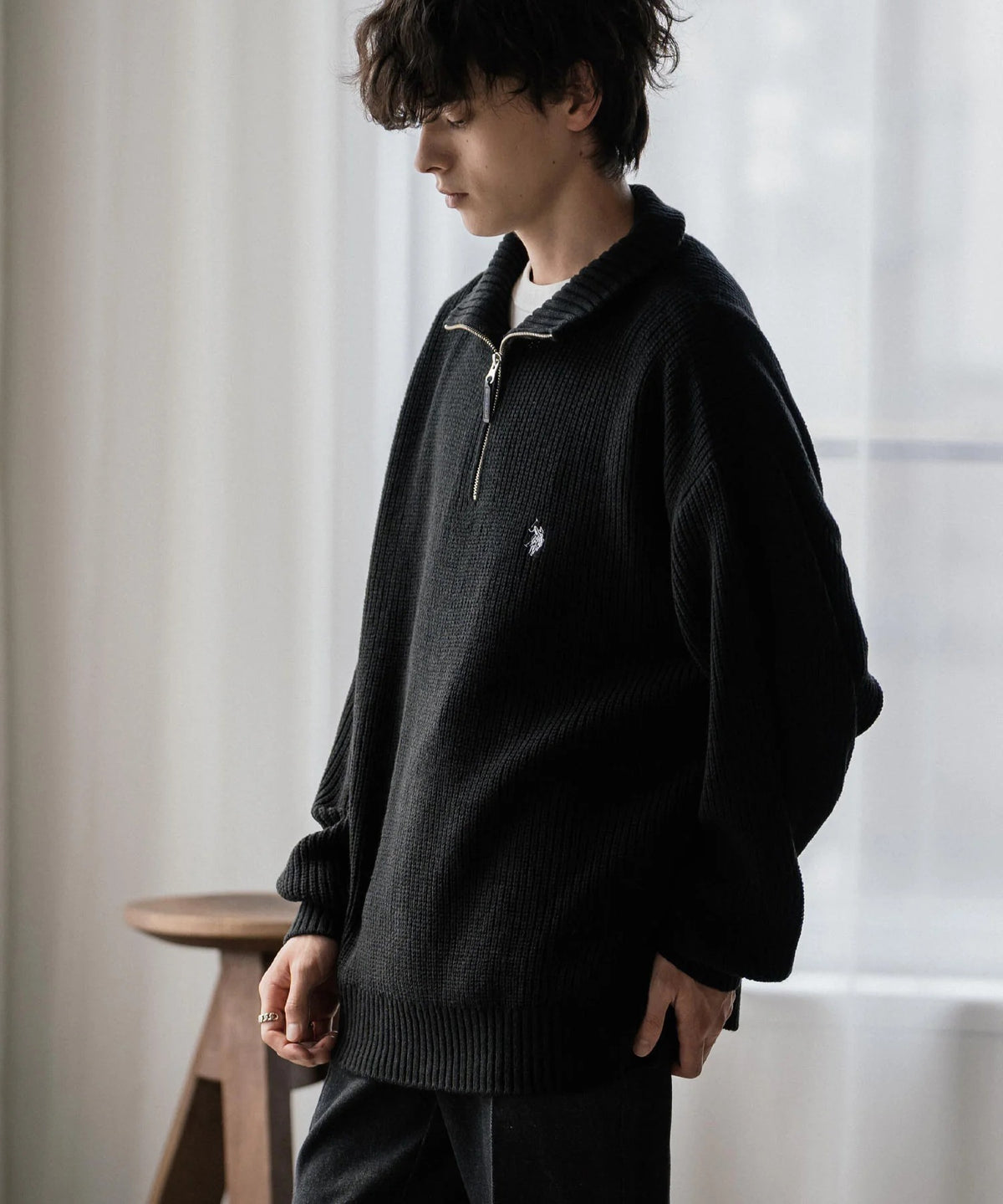 U.S. POLO ASSN.  / 寬鬆畦編刺繡 半拉鍊針織衫（日本聯名限定）