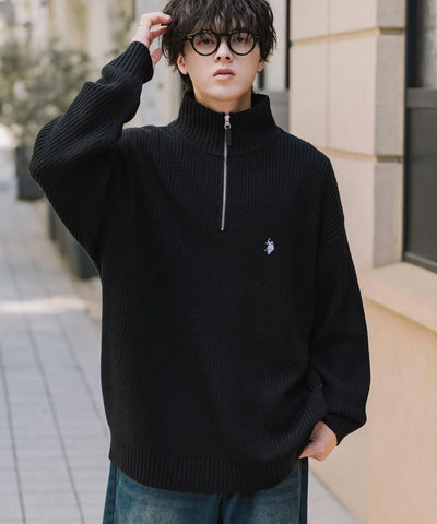 U.S. POLO ASSN.  / 寬鬆畦編刺繡 半拉鍊針織衫（日本聯名限定）