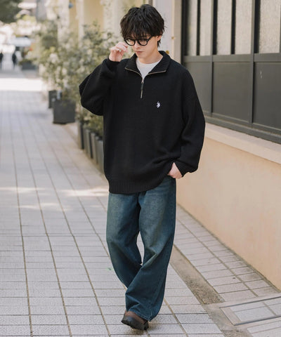 U.S. POLO ASSN.  / 寬鬆畦編刺繡 半拉鍊針織衫（日本聯名限定）