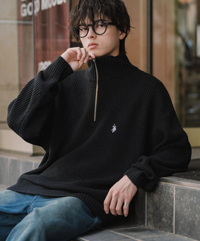 U.S. POLO ASSN.  / 寬鬆畦編刺繡 半拉鍊針織衫（日本聯名限定）