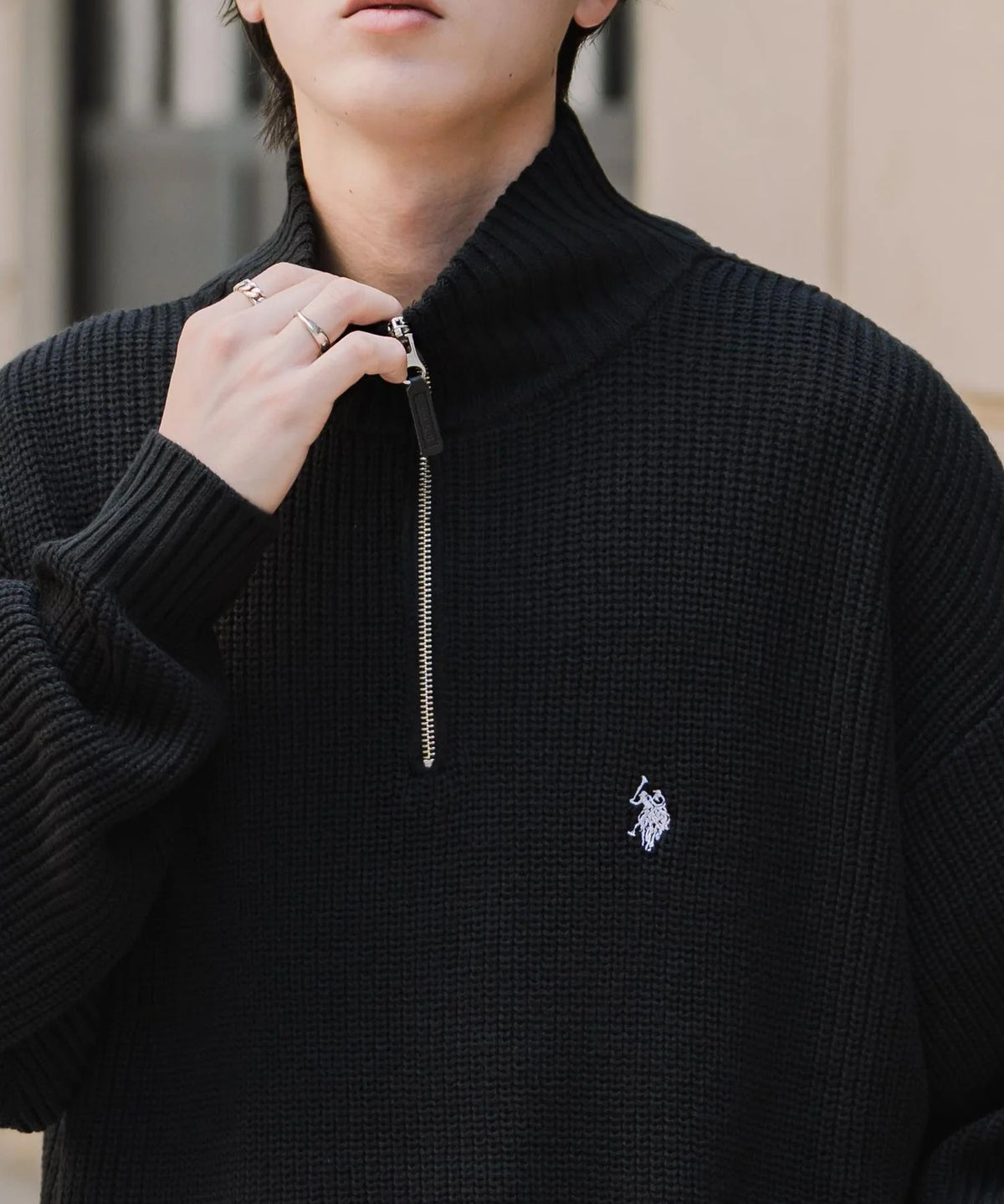 U.S. POLO ASSN.  / 寬鬆畦編刺繡 半拉鍊針織衫（日本聯名限定）