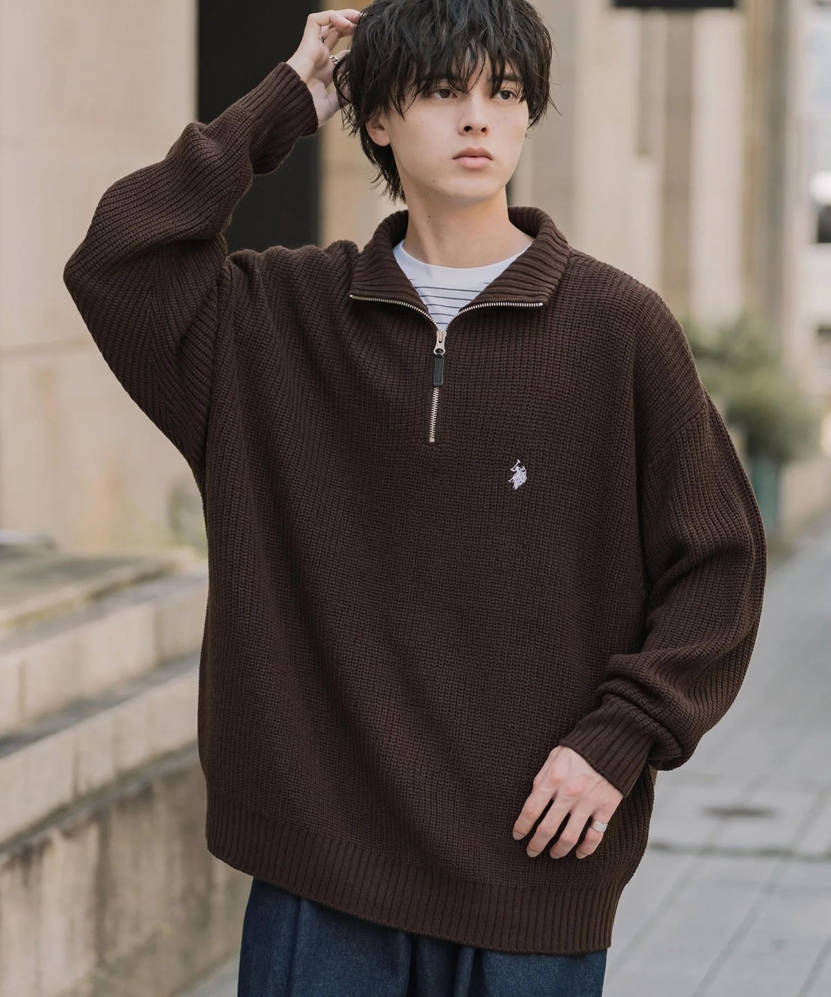 U.S. POLO ASSN.  / 寬鬆畦編刺繡 半拉鍊針織衫（日本聯名限定）