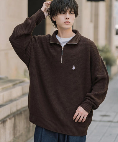 U.S. POLO ASSN.  / 寬鬆畦編刺繡 半拉鍊針織衫（日本聯名限定）