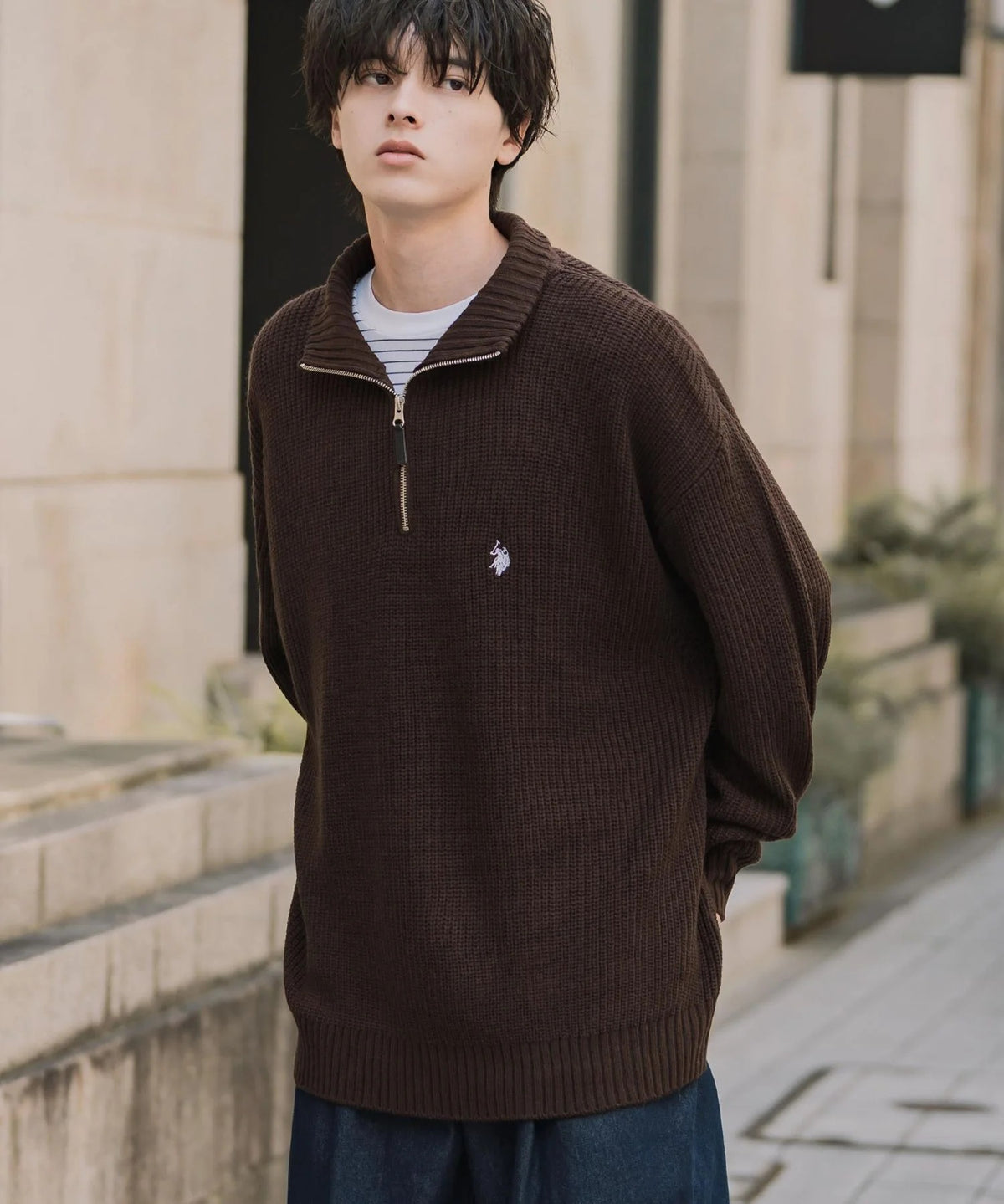 U.S. POLO ASSN.  / 寬鬆畦編刺繡 半拉鍊針織衫（日本聯名限定）